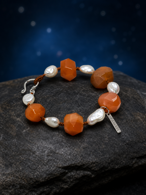 Amber Drift Agate Pearl Bracelet front view on a dark atmospheric backdrop