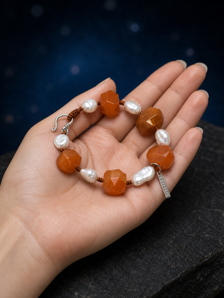 Amber Drift Agate Pearl Bracelet shown in hand for scale