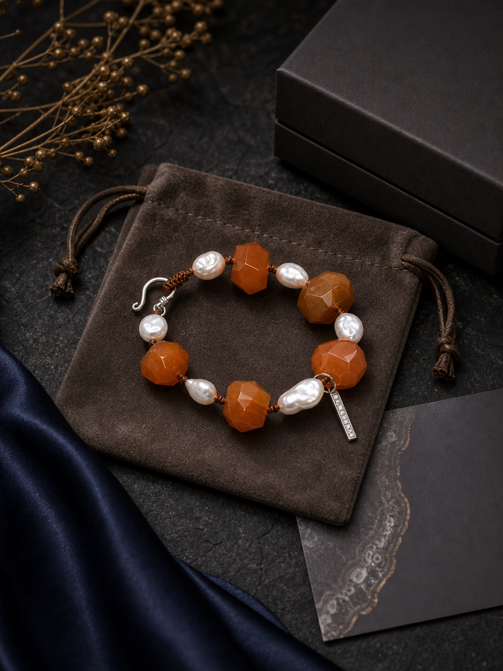Amber Drift Agate Pearl Bracelet packaging flat lay