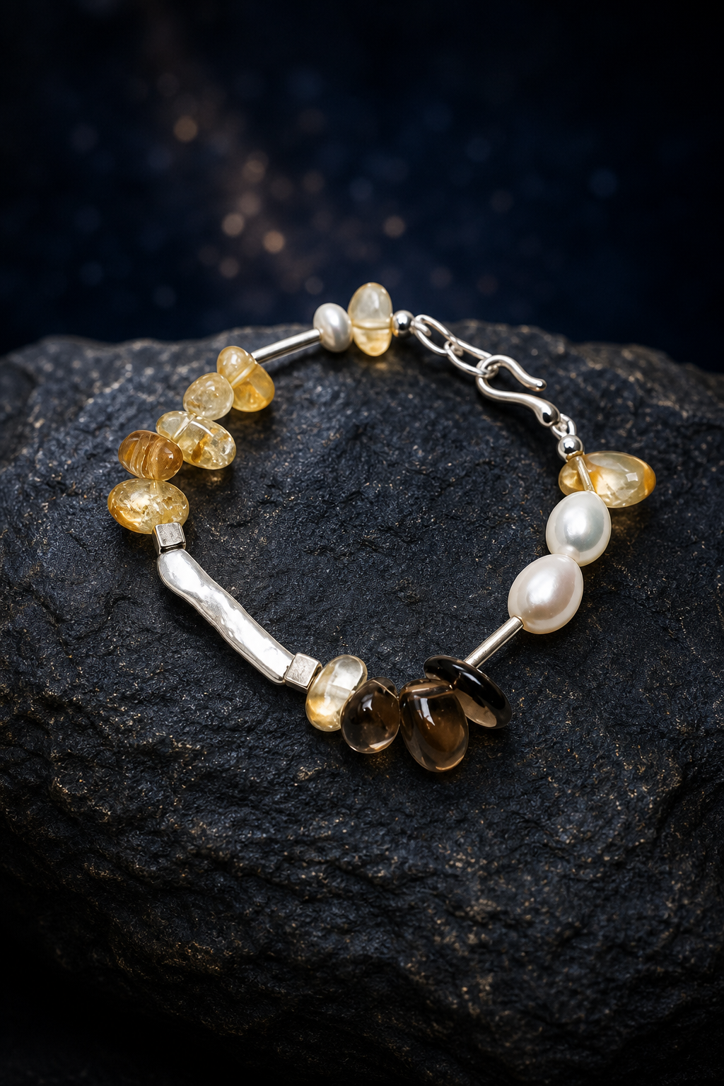 Amber Tide Citrine Pearl Bracelet front view on a dark atmospheric backdrop