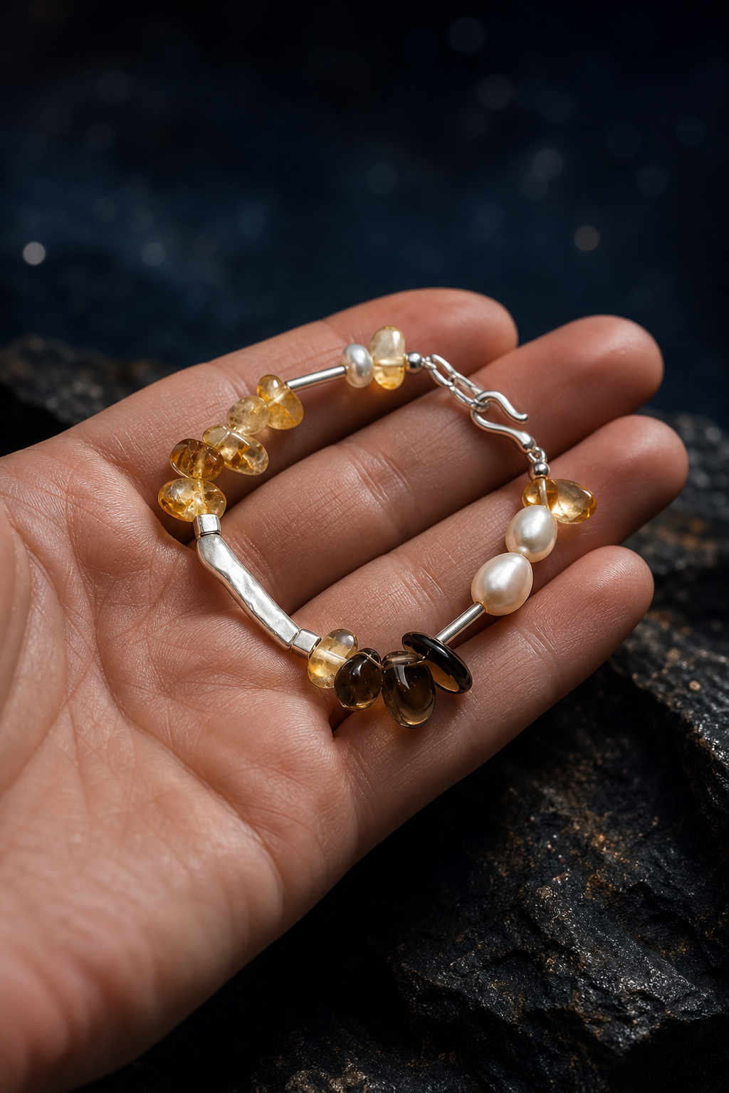 Amber Tide Citrine Pearl Bracelet shown in hand for scale