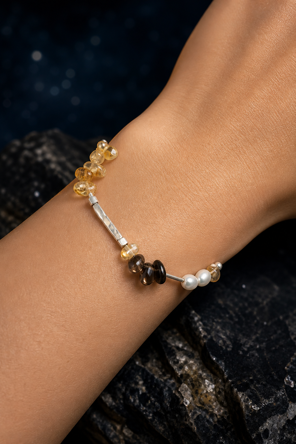 Amber Tide Citrine Pearl Bracelet faceless model close-up