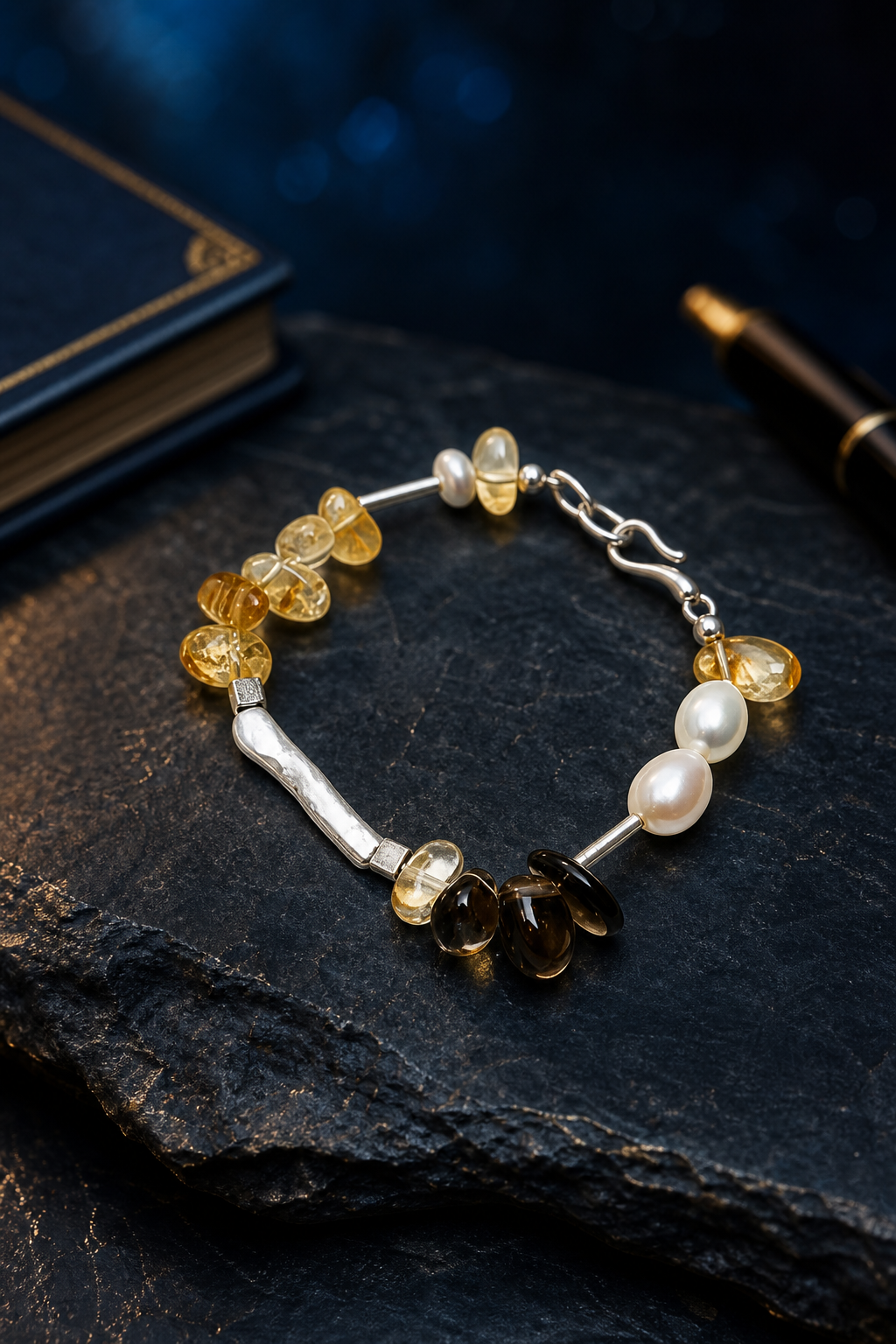 Amber Tide Citrine Pearl Bracelet styled for daily wear, manifestation, work desk ritual use