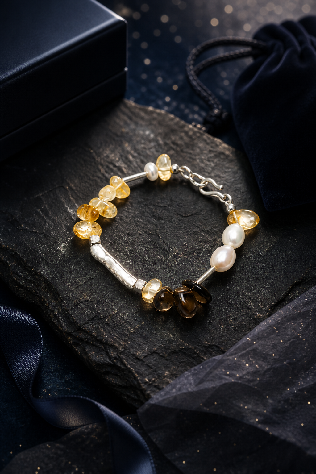 Amber Tide Citrine Pearl Bracelet packaging flat lay
