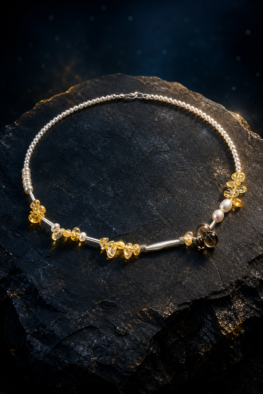 Amber Tide Citrine Pearl Necklace front view on a dark atmospheric backdrop