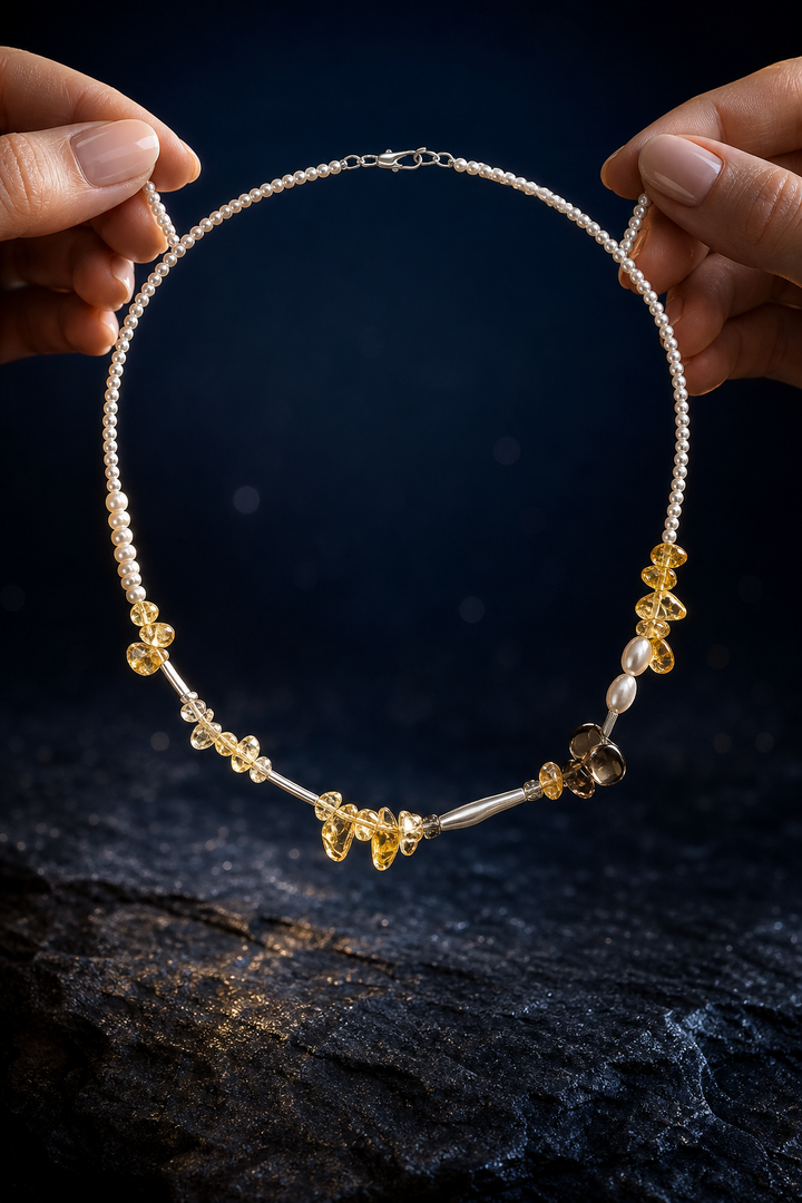 Amber Tide Citrine Pearl Necklace shown in hand for scale