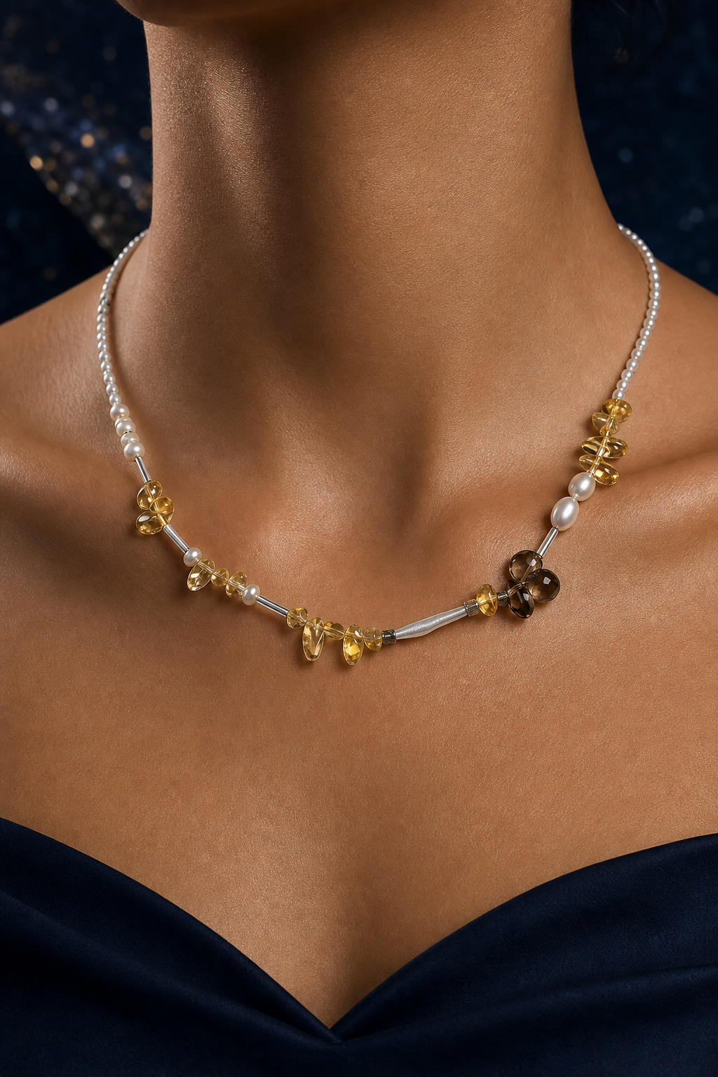 Amber Tide Citrine Pearl Necklace faceless model close-up