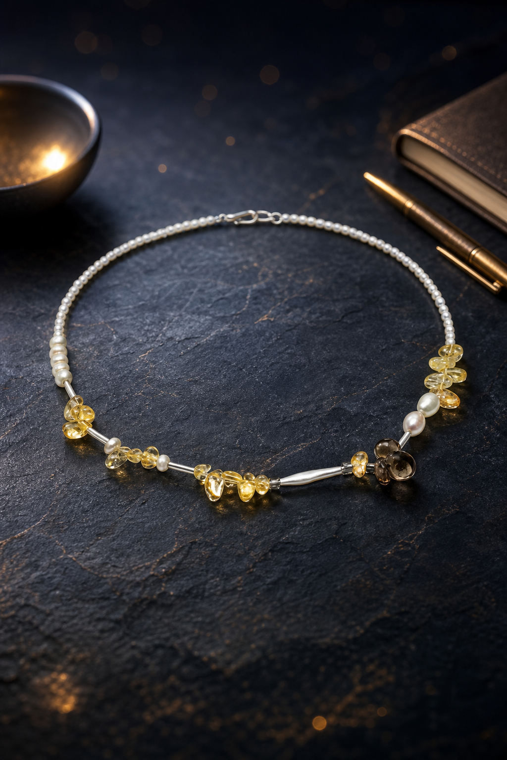 Amber Tide Citrine Pearl Necklace styled for daily wear, manifestation, work desk ritual use