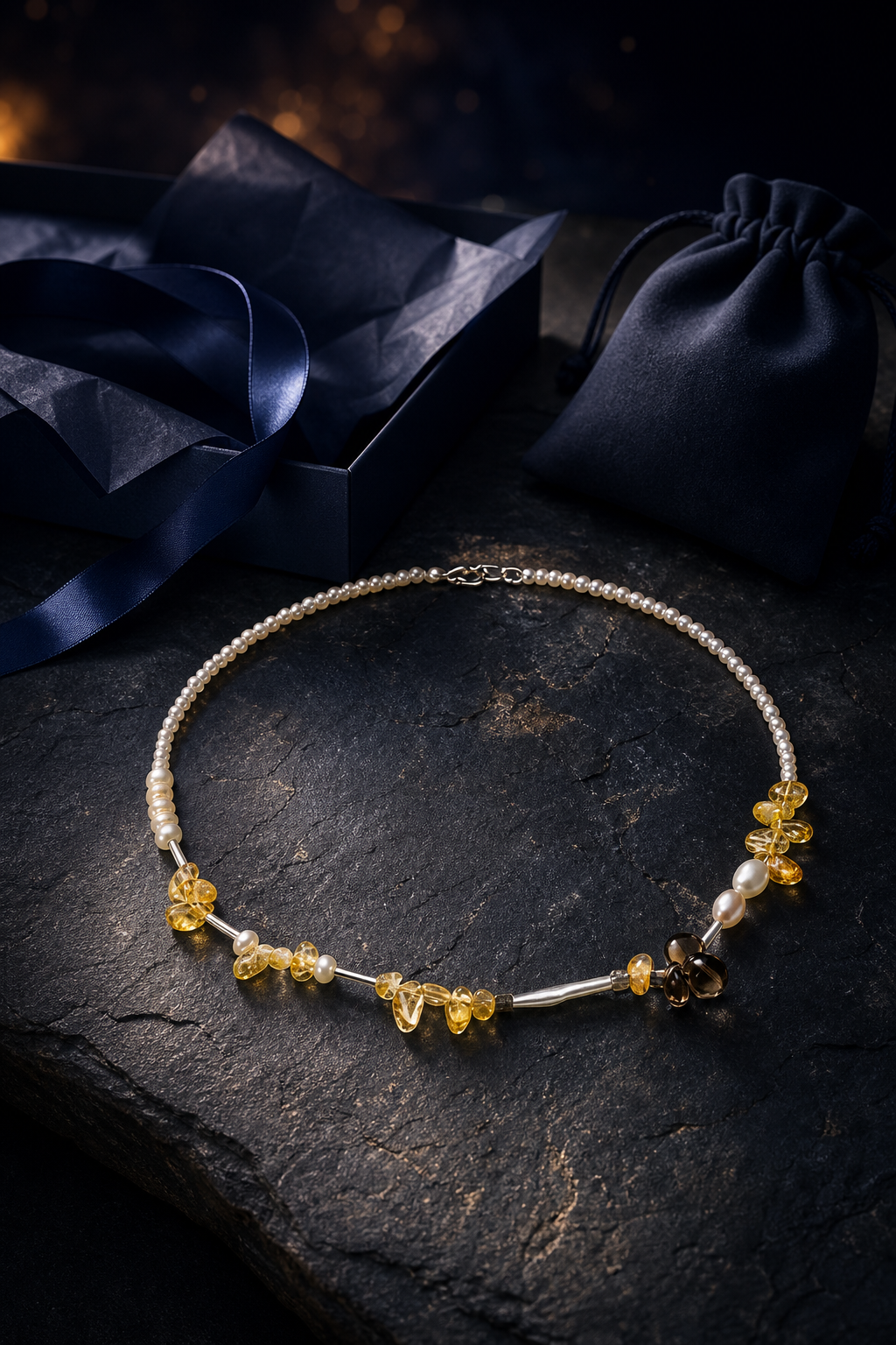 Amber Tide Citrine Pearl Necklace packaging flat lay