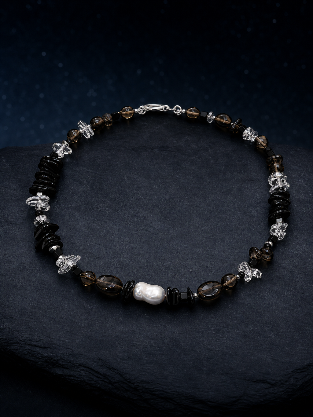 Ash Sequence Smoky Quartz Necklace front view on a dark atmospheric backdrop