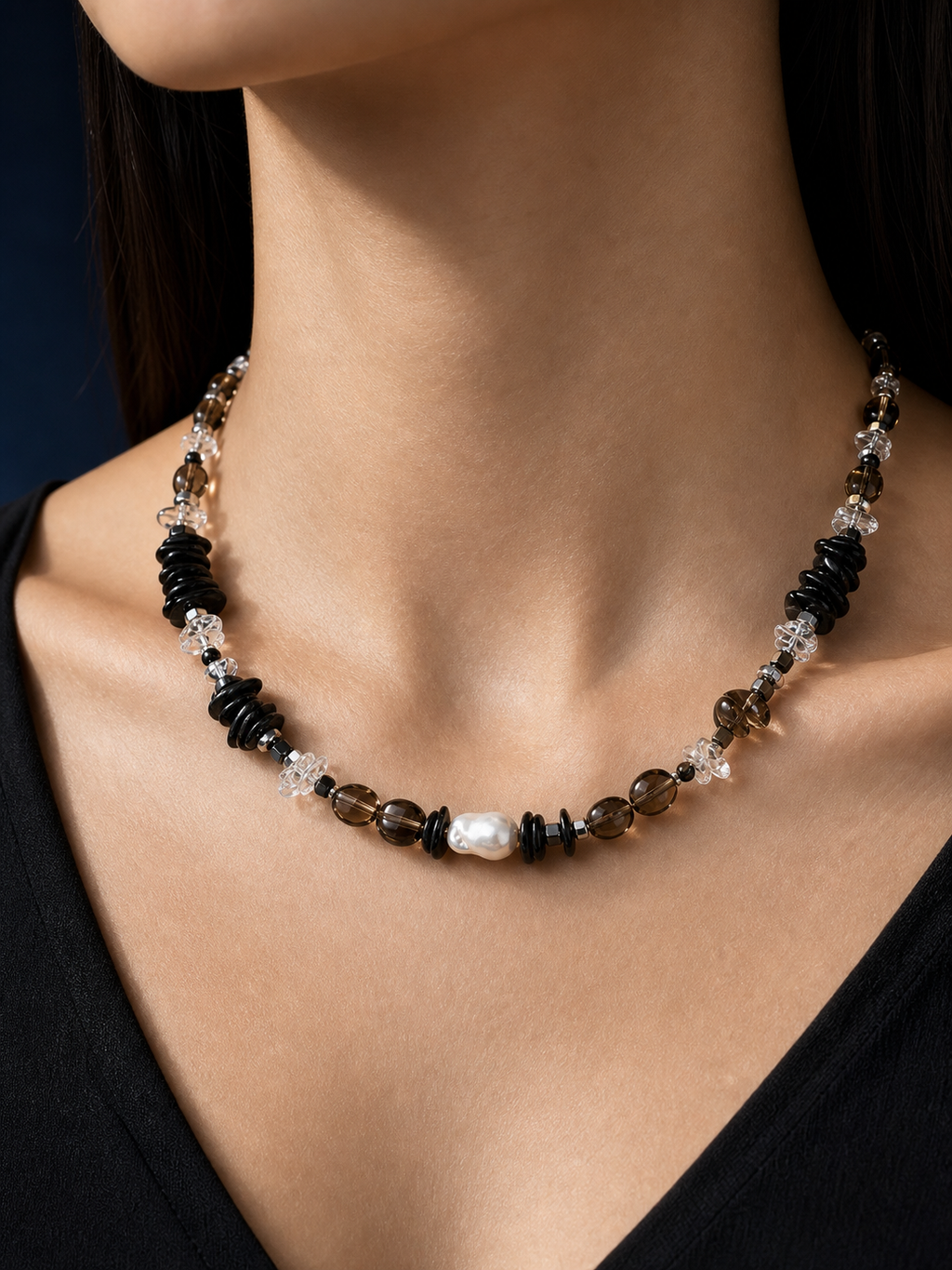 Ash Sequence Smoky Quartz Necklace faceless model close-up