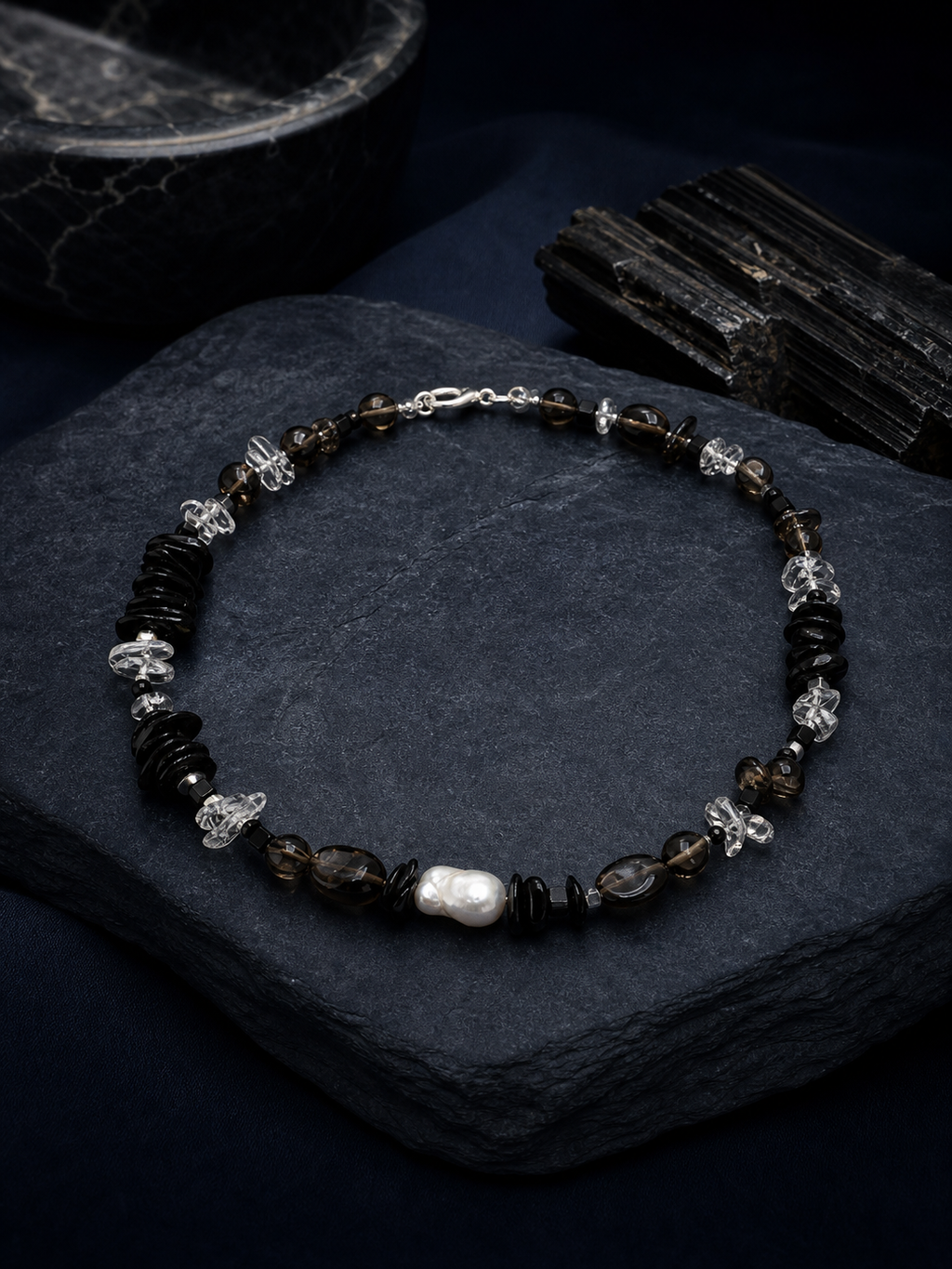 Ash Sequence Smoky Quartz Necklace styled for daily wear, travel, work desk ritual use