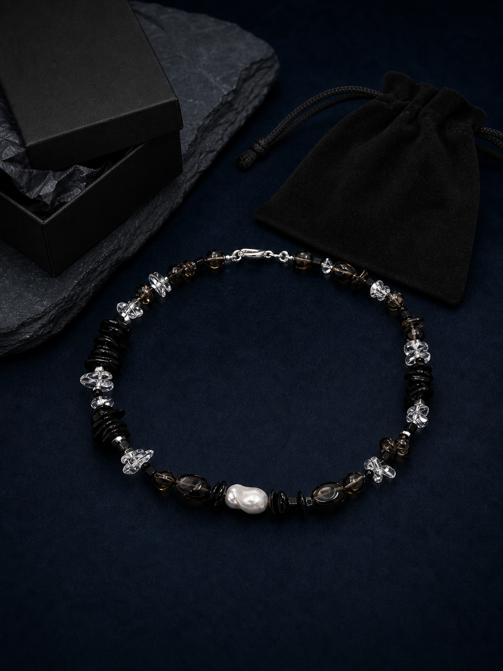 Ash Sequence Smoky Quartz Necklace packaging flat lay