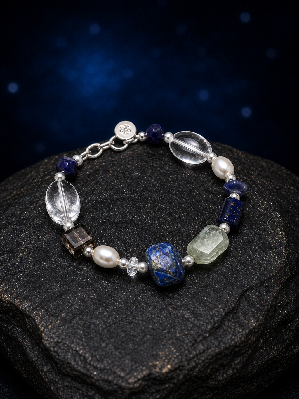 Azure Prism Lapis Quartz Bracelet front view on a dark atmospheric backdrop