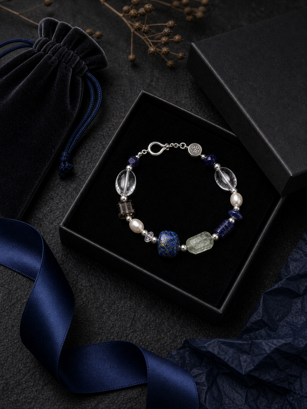 Azure Prism Lapis Quartz Bracelet packaging flat lay