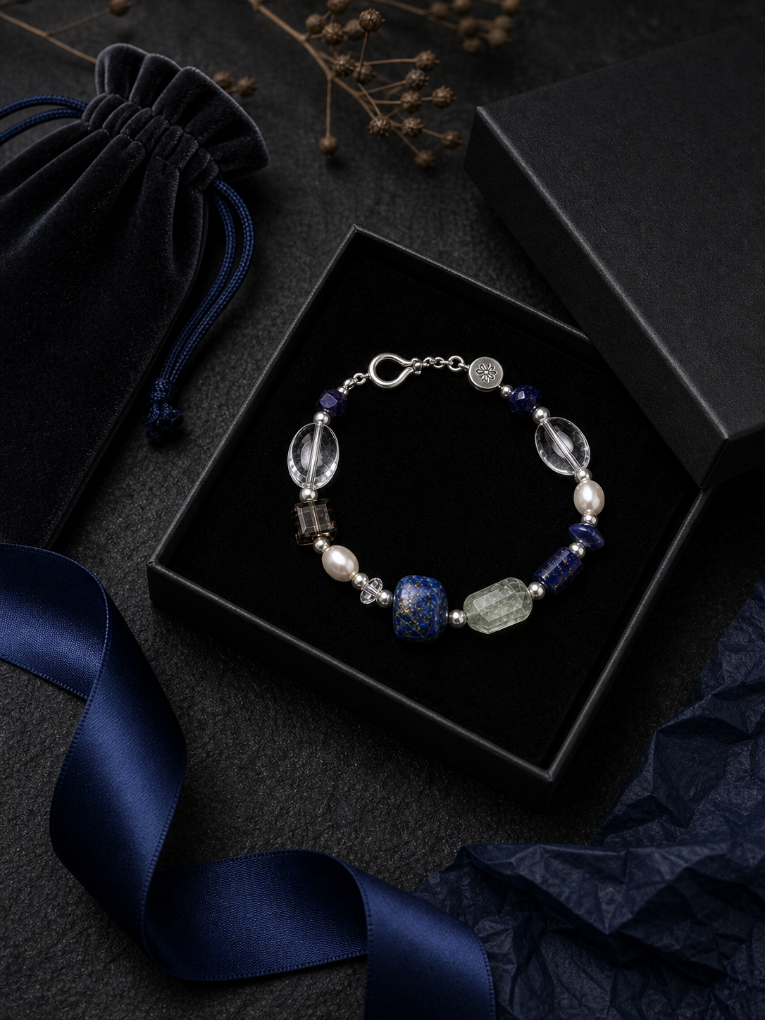 Azure Prism Lapis Quartz Bracelet packaging flat lay