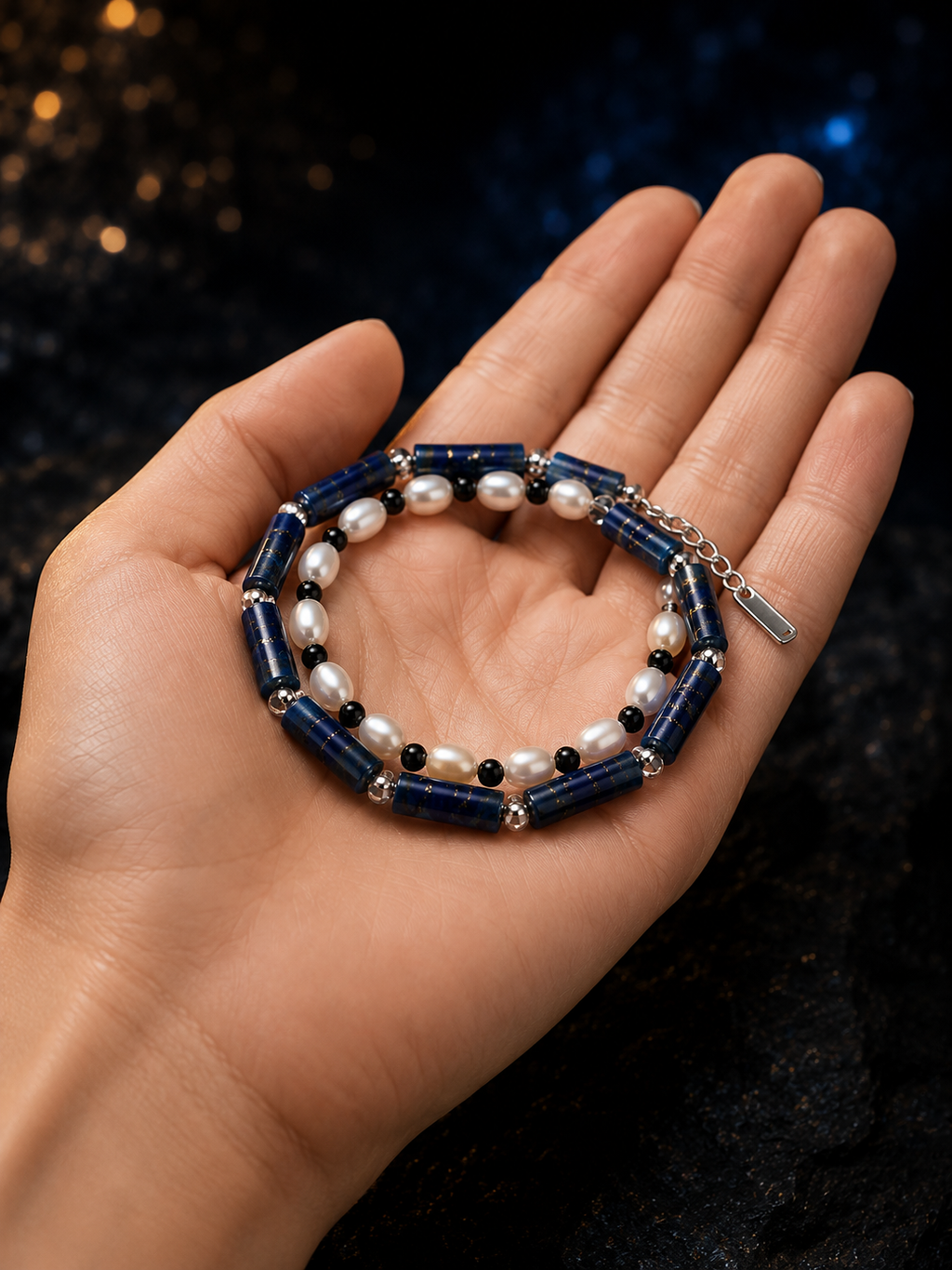 Blue Sentinel Pearl Bracelet shown in hand for scale