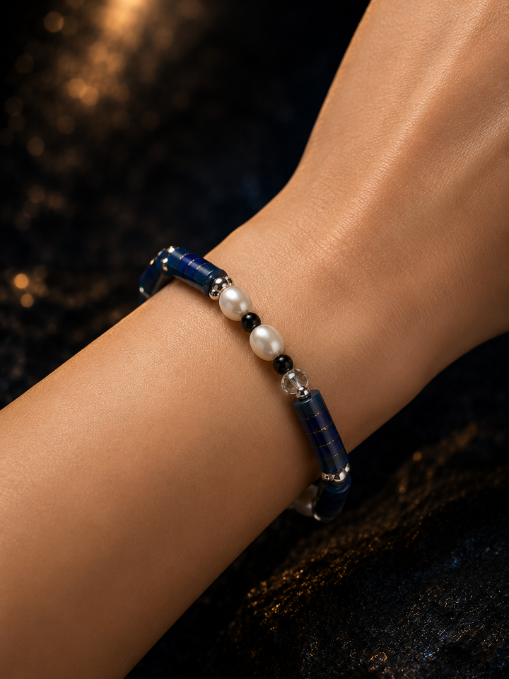 Blue Sentinel Pearl Bracelet faceless model close-up