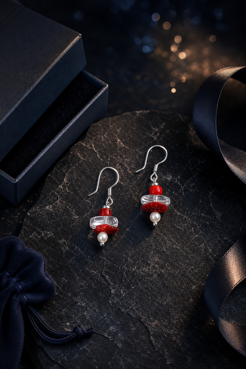 Crimson Overture Agate Earrings packaging flat lay