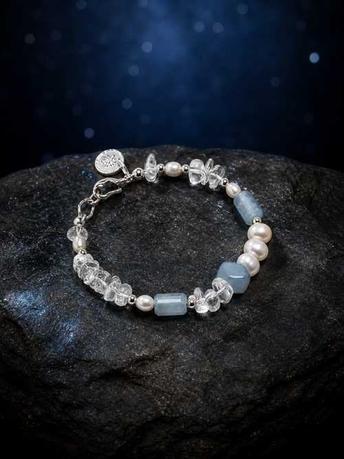 Crystal Tide Blue Onyx Bracelet front view on a dark atmospheric backdrop