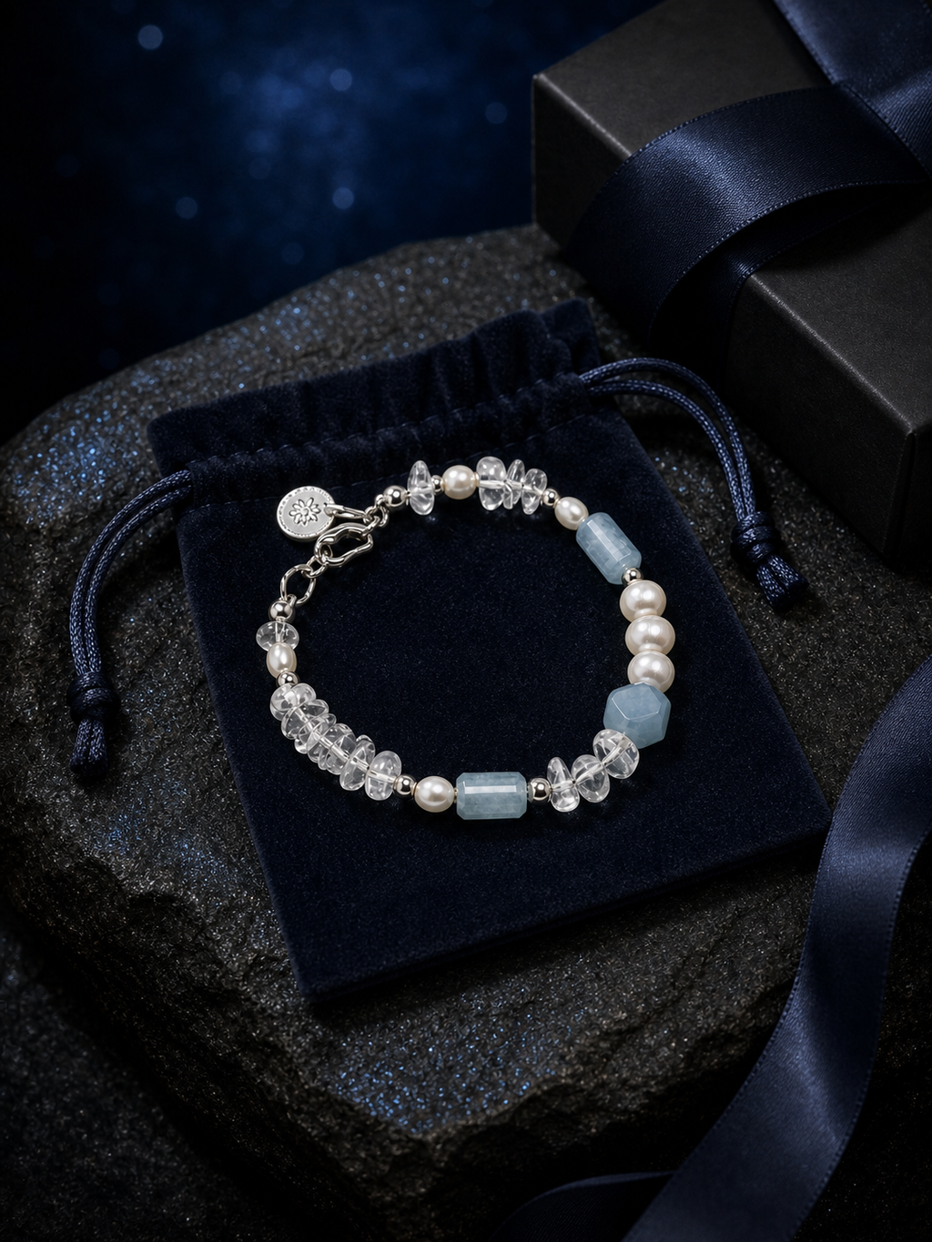 Crystal Tide Blue Onyx Bracelet packaging flat lay