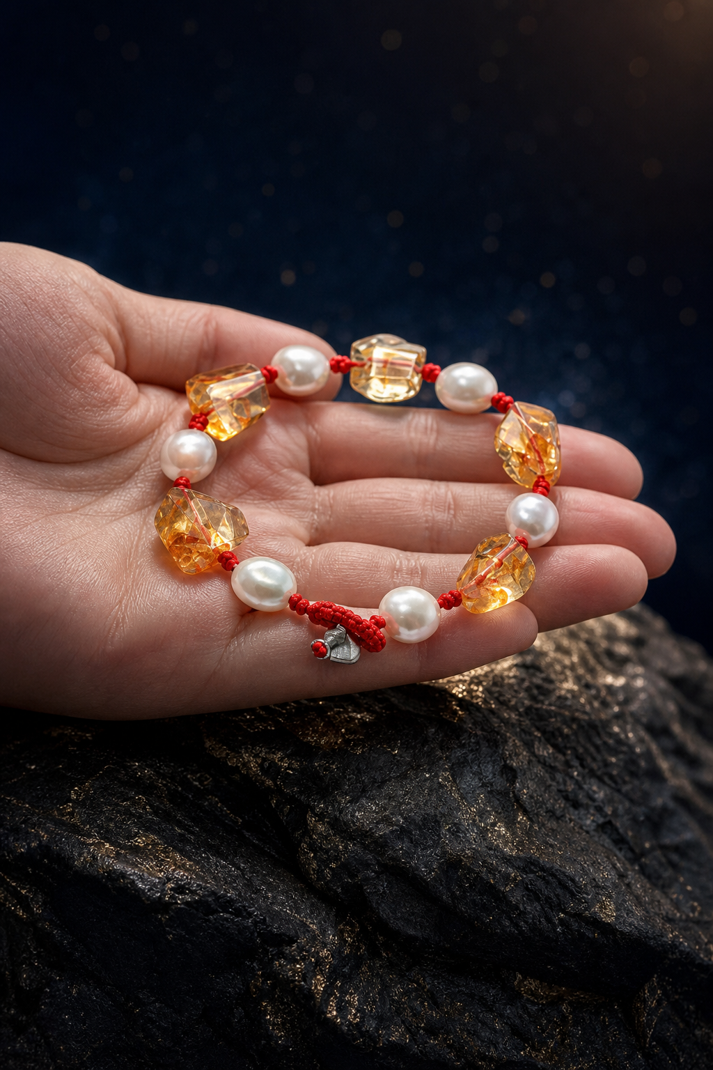 Ember Cord Citrine Pearl Bracelet shown in hand for scale