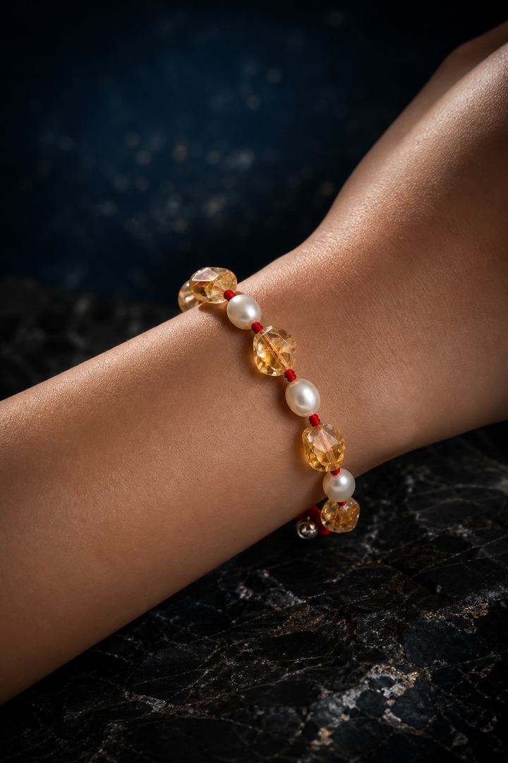 Ember Cord Citrine Pearl Bracelet faceless model close-up