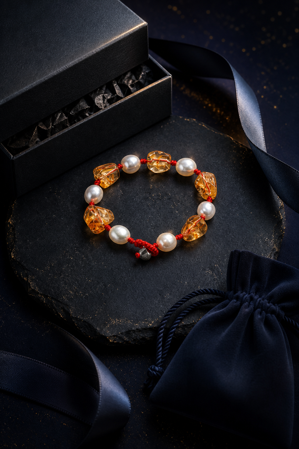 Ember Cord Citrine Pearl Bracelet packaging flat lay