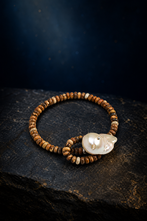 Forest Amber Pearl Bracelet front view on a dark atmospheric backdrop