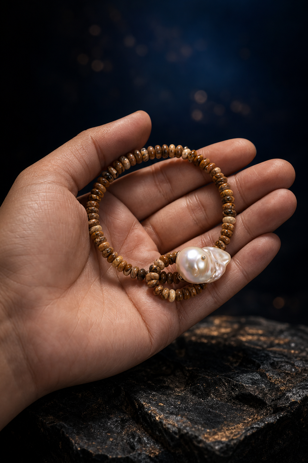 Forest Amber Pearl Bracelet shown in hand for scale