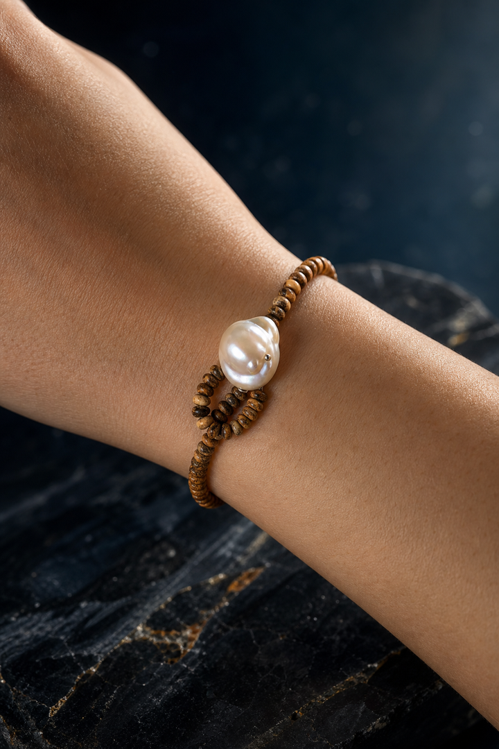 Forest Amber Pearl Bracelet faceless model close-up