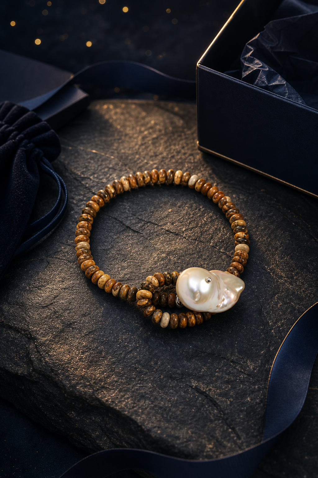 Forest Amber Pearl Bracelet packaging flat lay