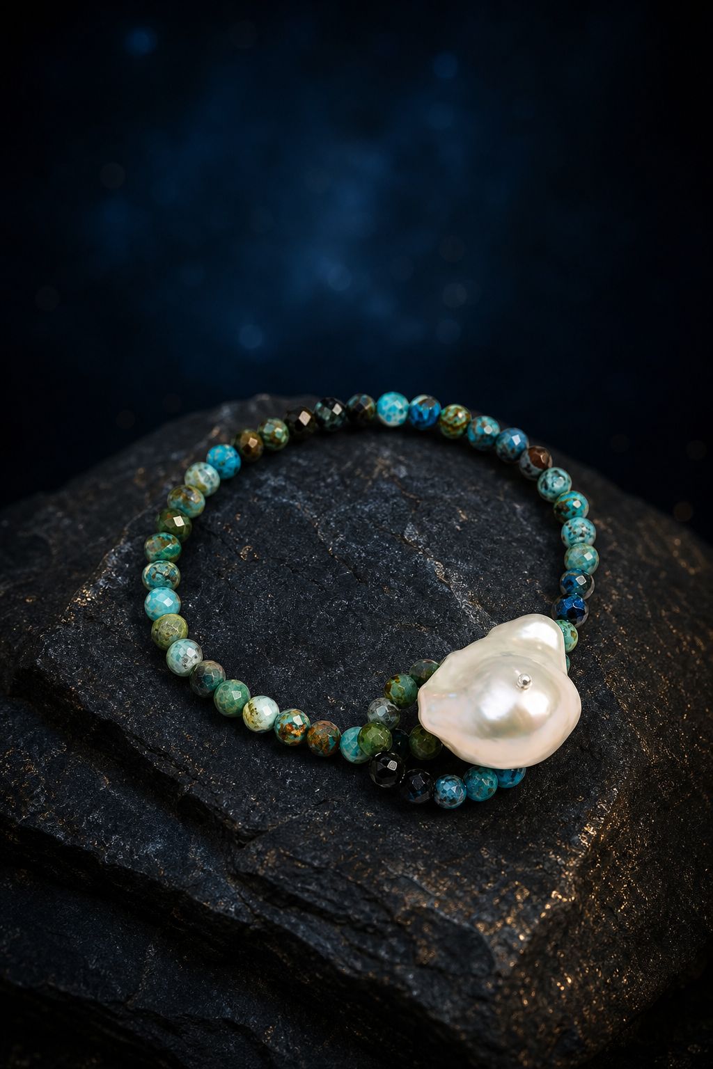 Forest Glow Pearl Bracelet front view on a dark atmospheric backdrop