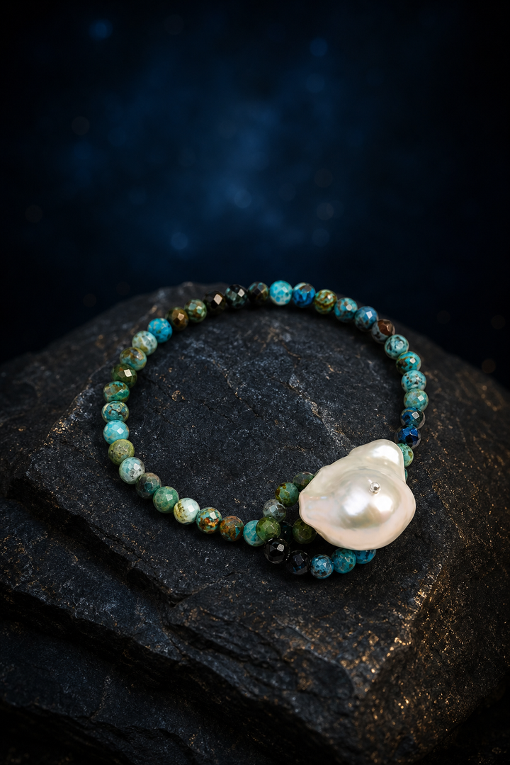 Forest Glow Pearl Bracelet front view on a dark atmospheric backdrop