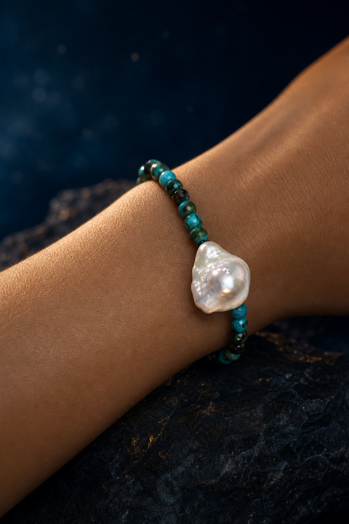 Forest Glow Pearl Bracelet faceless model close-up