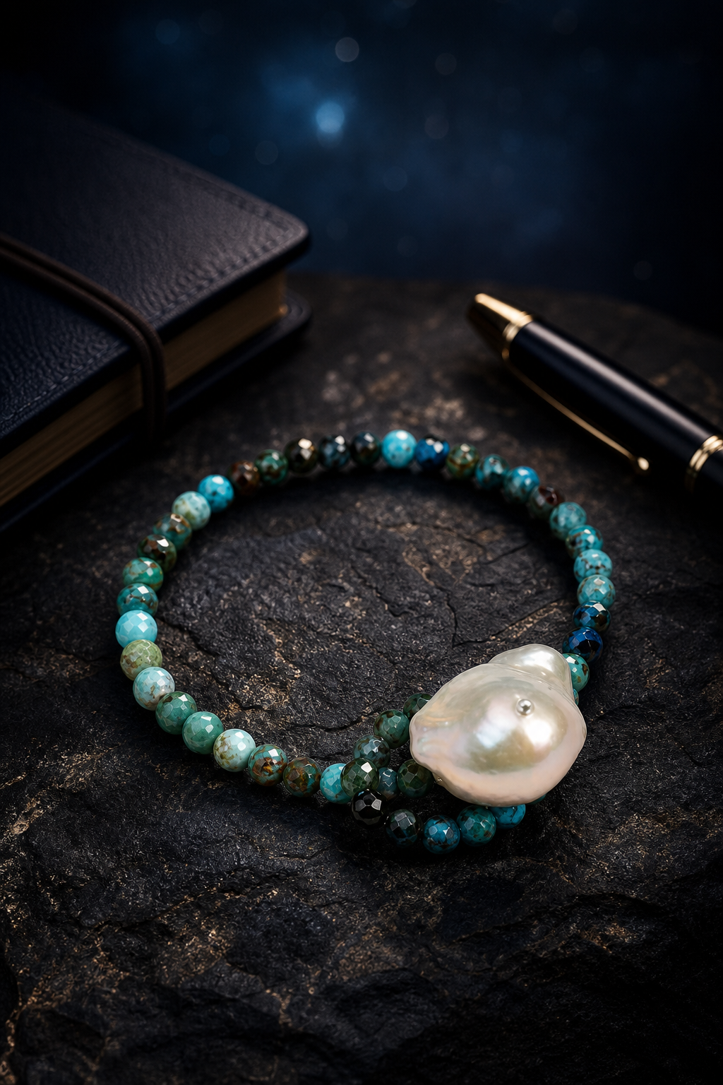 Forest Glow Pearl Bracelet styled for daily wear, travel, work desk ritual use