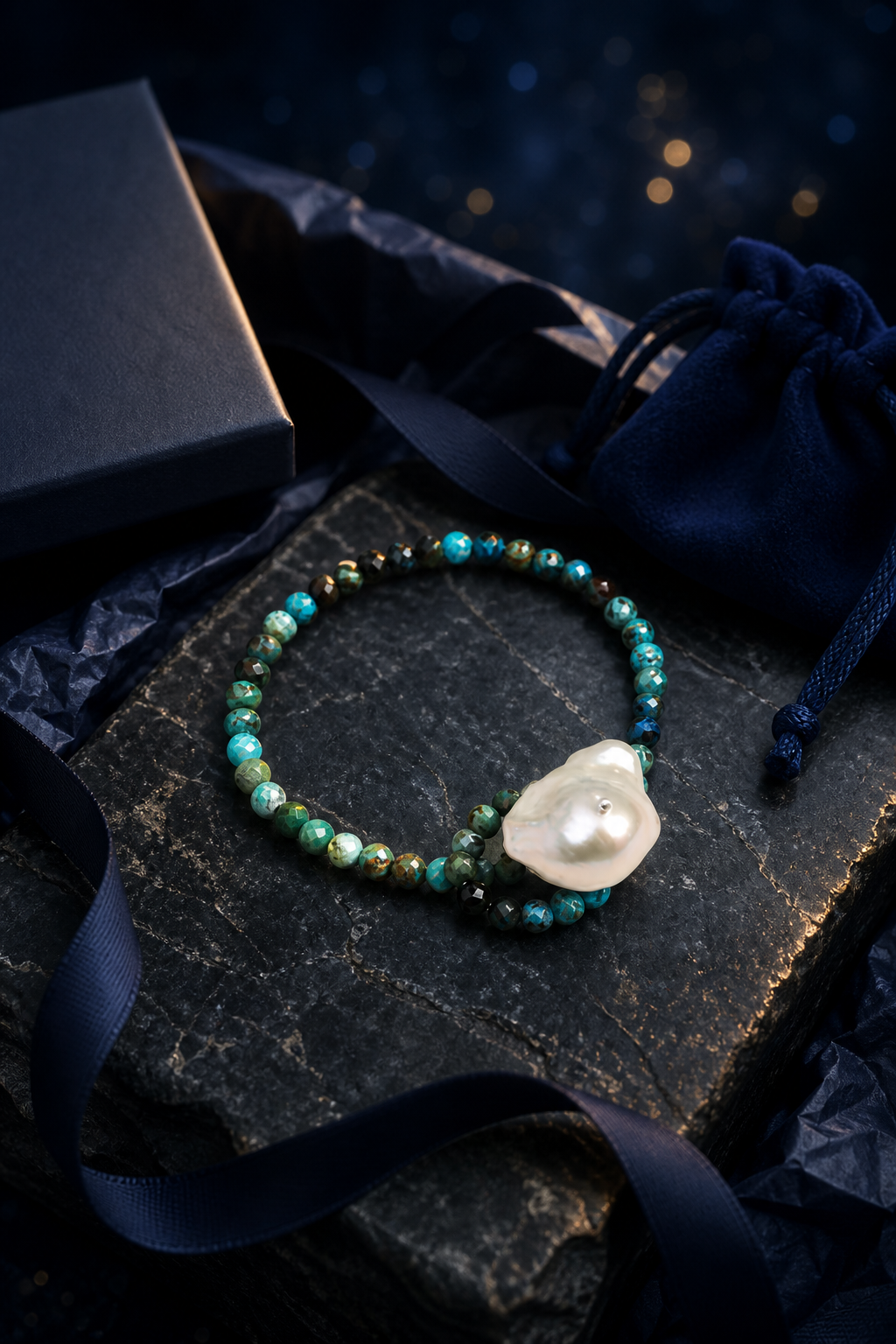 Forest Glow Pearl Bracelet packaging flat lay