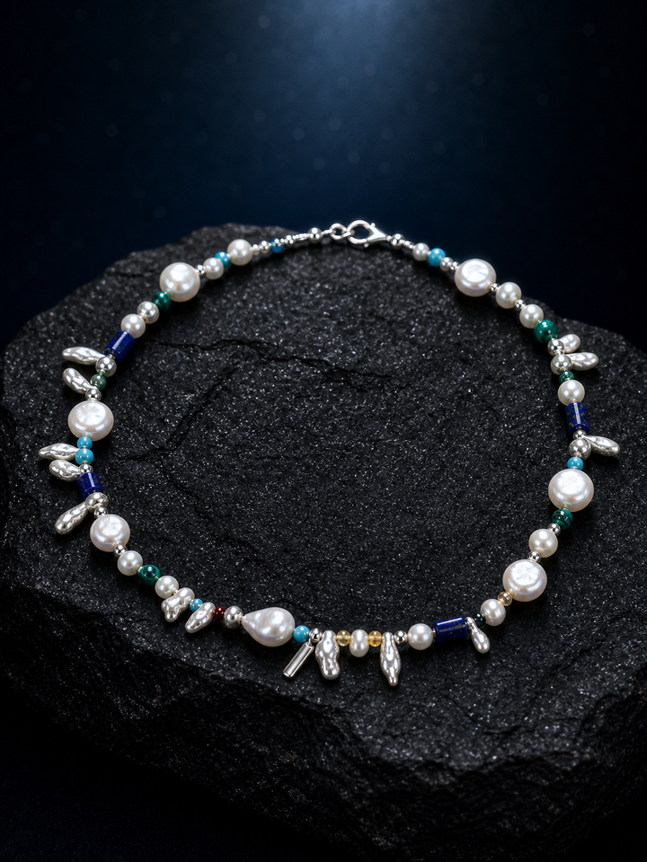 Forest Isle Silver Sequence Necklace angled three-quarter product view