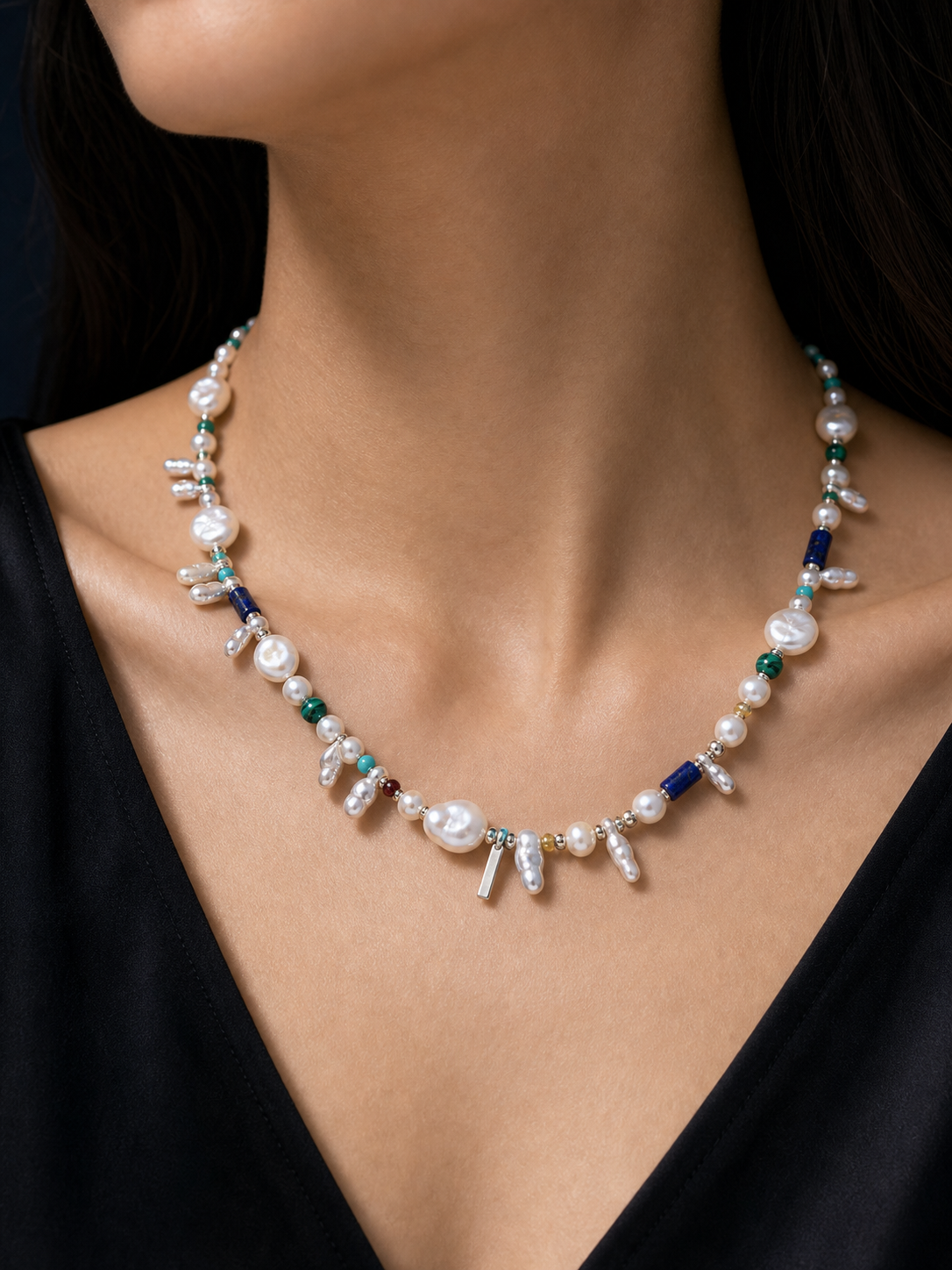 Forest Isle Silver Sequence Necklace faceless model close-up
