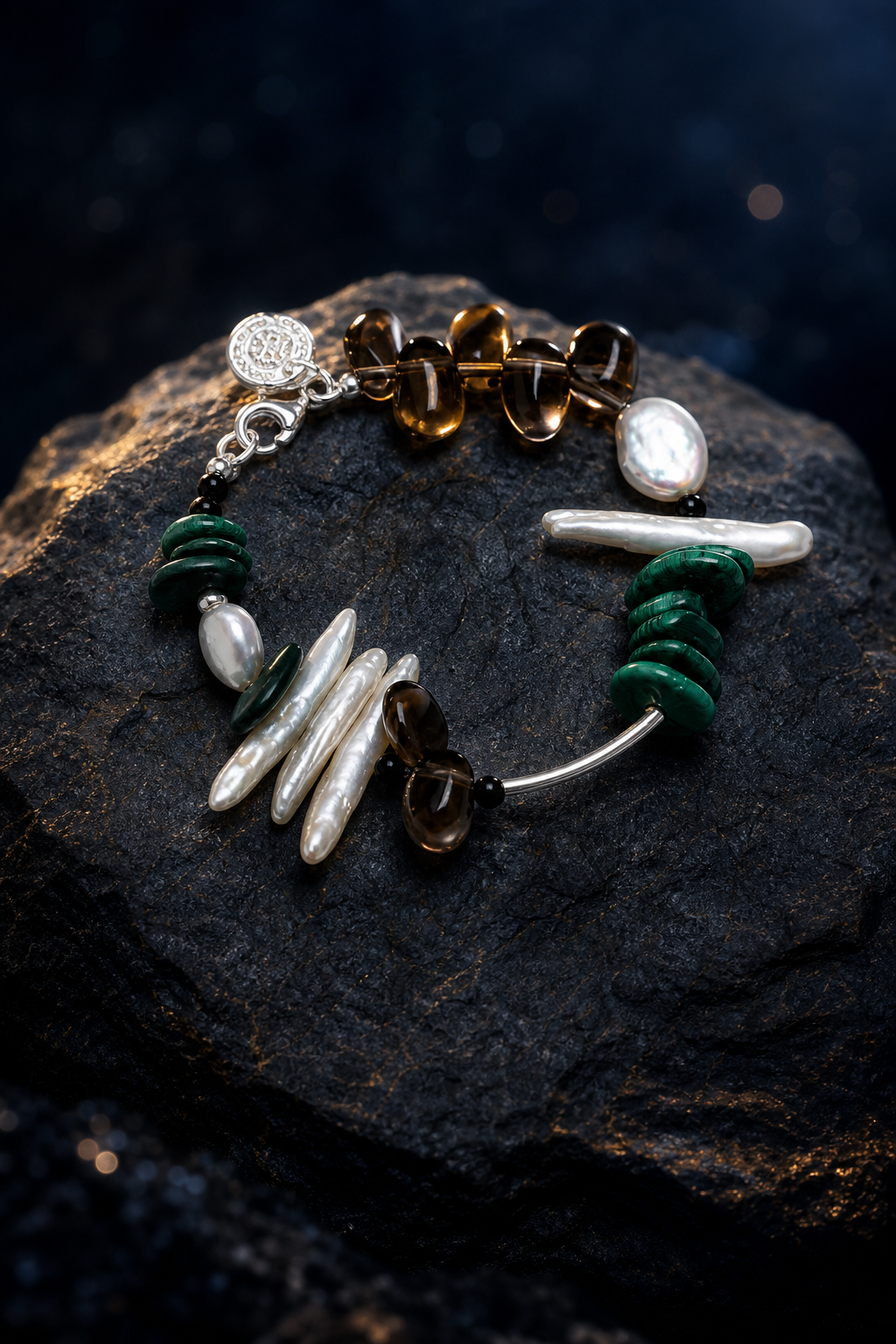 Forest Tide Malachite Pearl Bracelet front view on a dark atmospheric backdrop