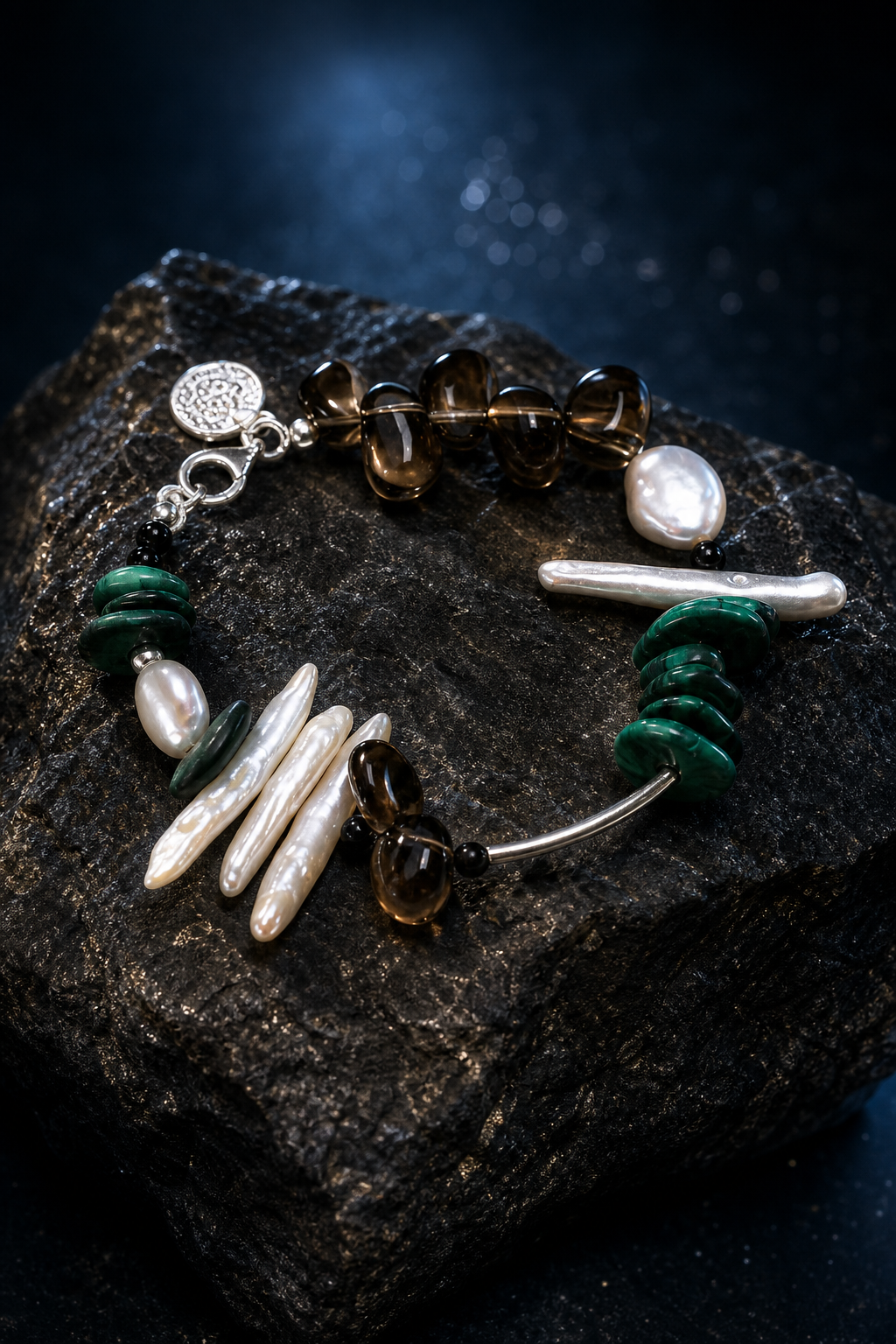 Forest Tide Malachite Pearl Bracelet angled three-quarter product view
