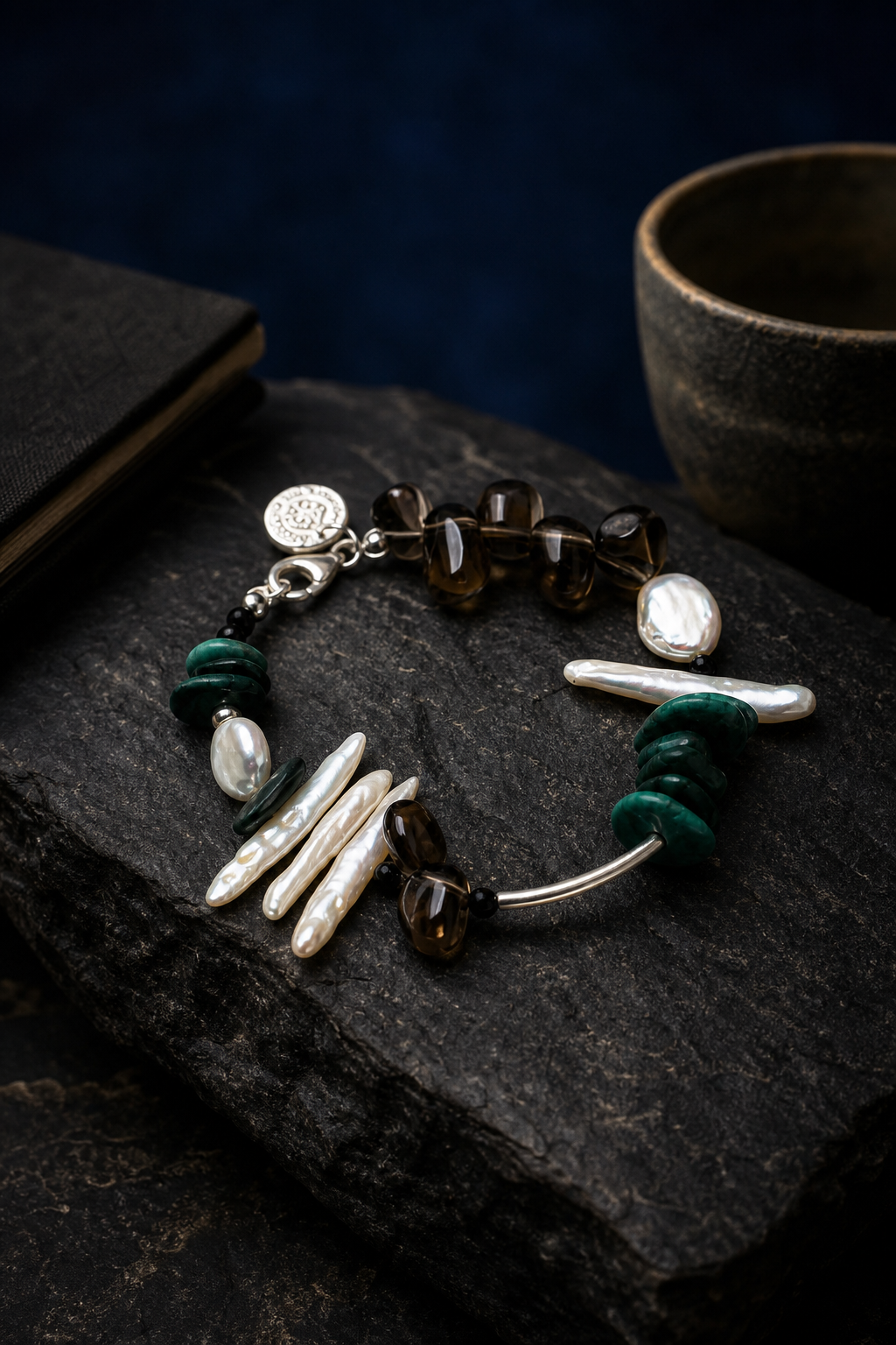 Forest Tide Malachite Pearl Bracelet styled for daily wear, travel, work desk ritual use