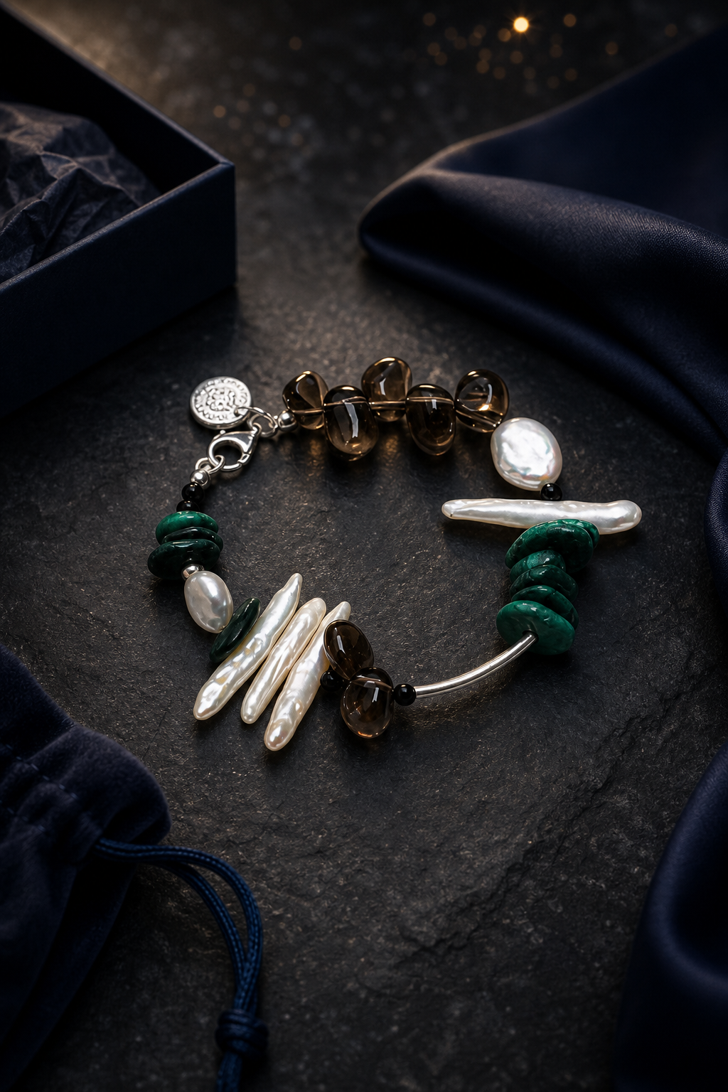 Forest Tide Malachite Pearl Bracelet packaging flat lay