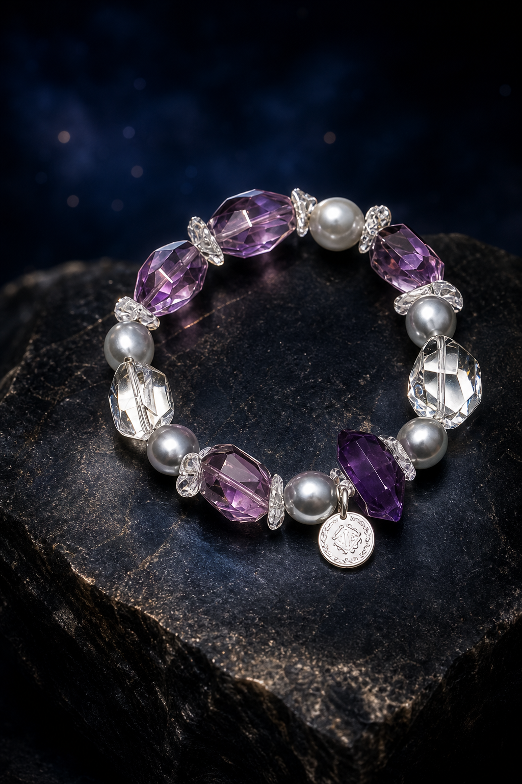 Frost Violet Quartz Pearl Bracelet front view on a dark atmospheric backdrop