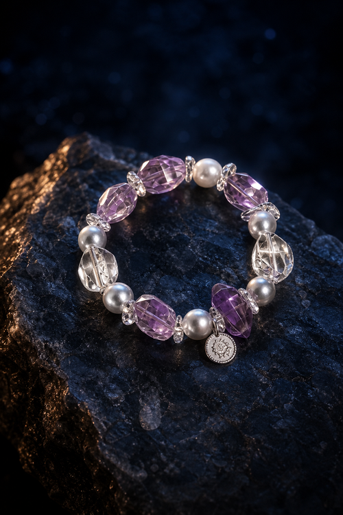 Frost Violet Quartz Pearl Bracelet angled three-quarter product view
