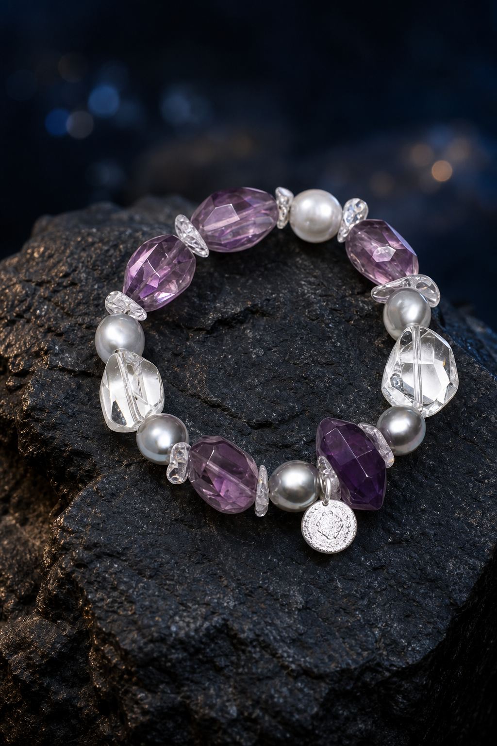 Frost Violet Quartz Pearl Bracelet crystal texture close-up