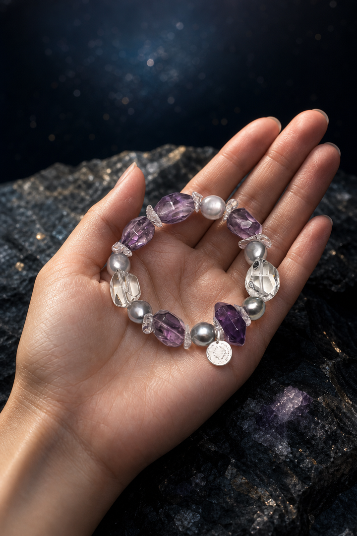 Frost Violet Quartz Pearl Bracelet shown in hand for scale