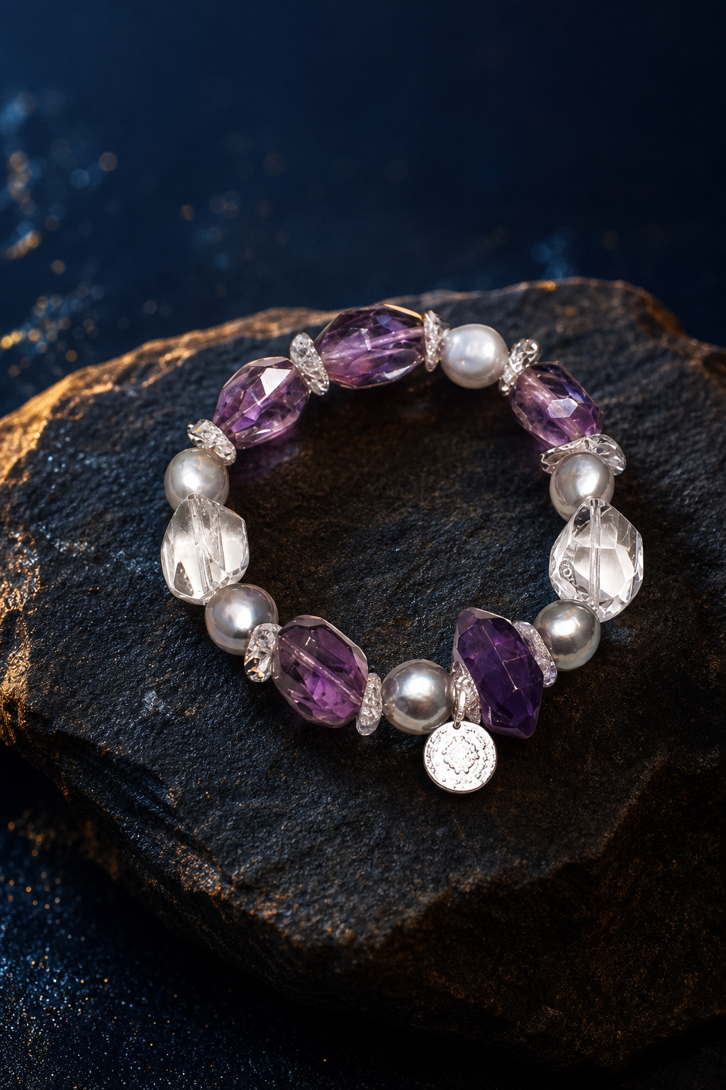Frost Violet Quartz Pearl Bracelet styled for daily wear, meditation, work desk ritual use