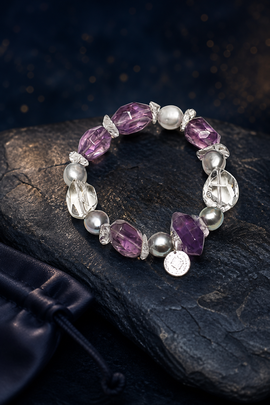 Frost Violet Quartz Pearl Bracelet packaging flat lay