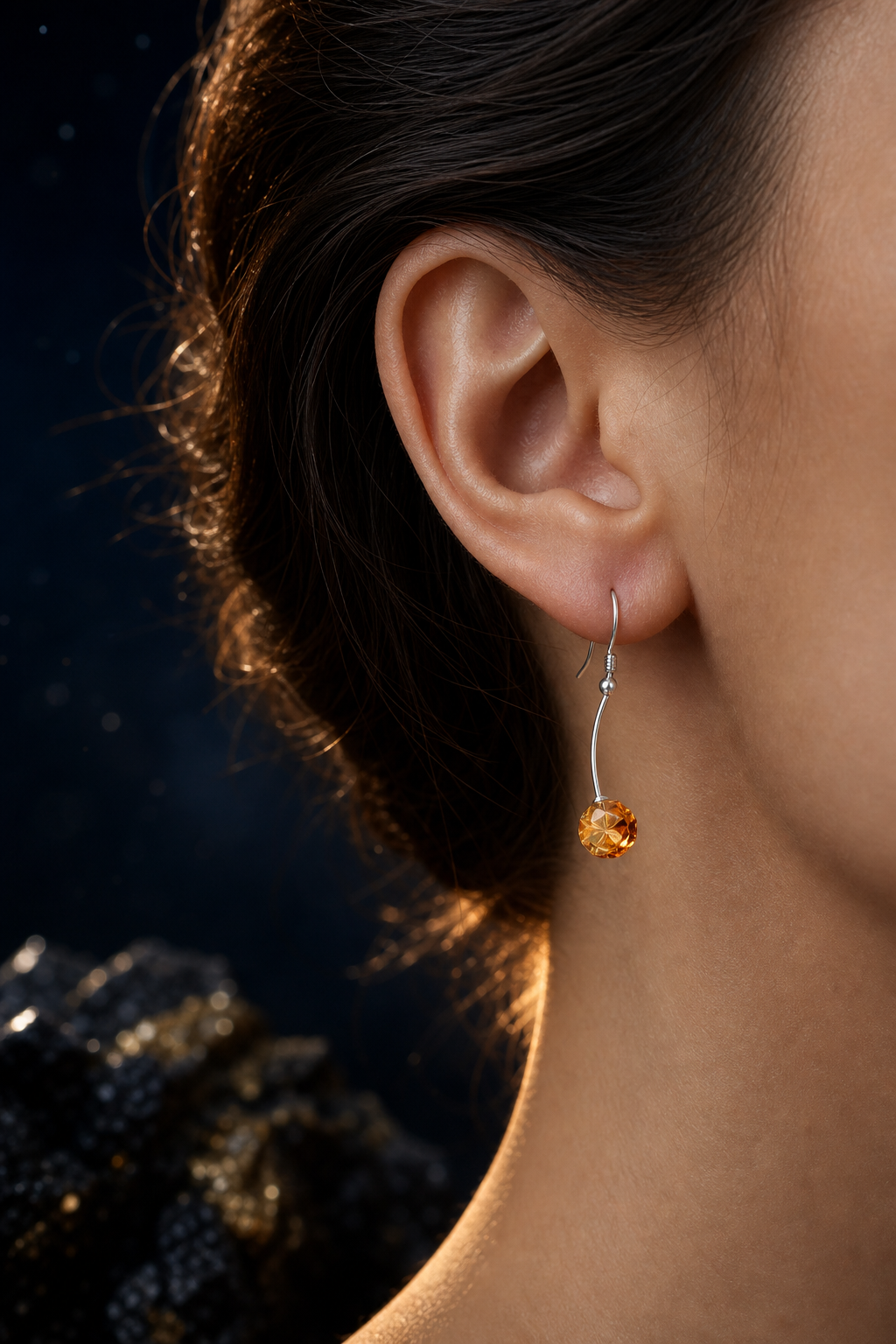 Golden Arc Citrine Earrings (5.5 cm) faceless model close-up